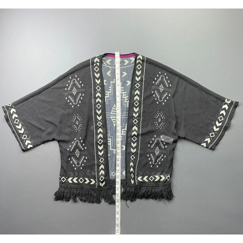 Xhilaration Kimono Cardigan Womens XS Black Fringe Sheer Festival Tribal Kimono